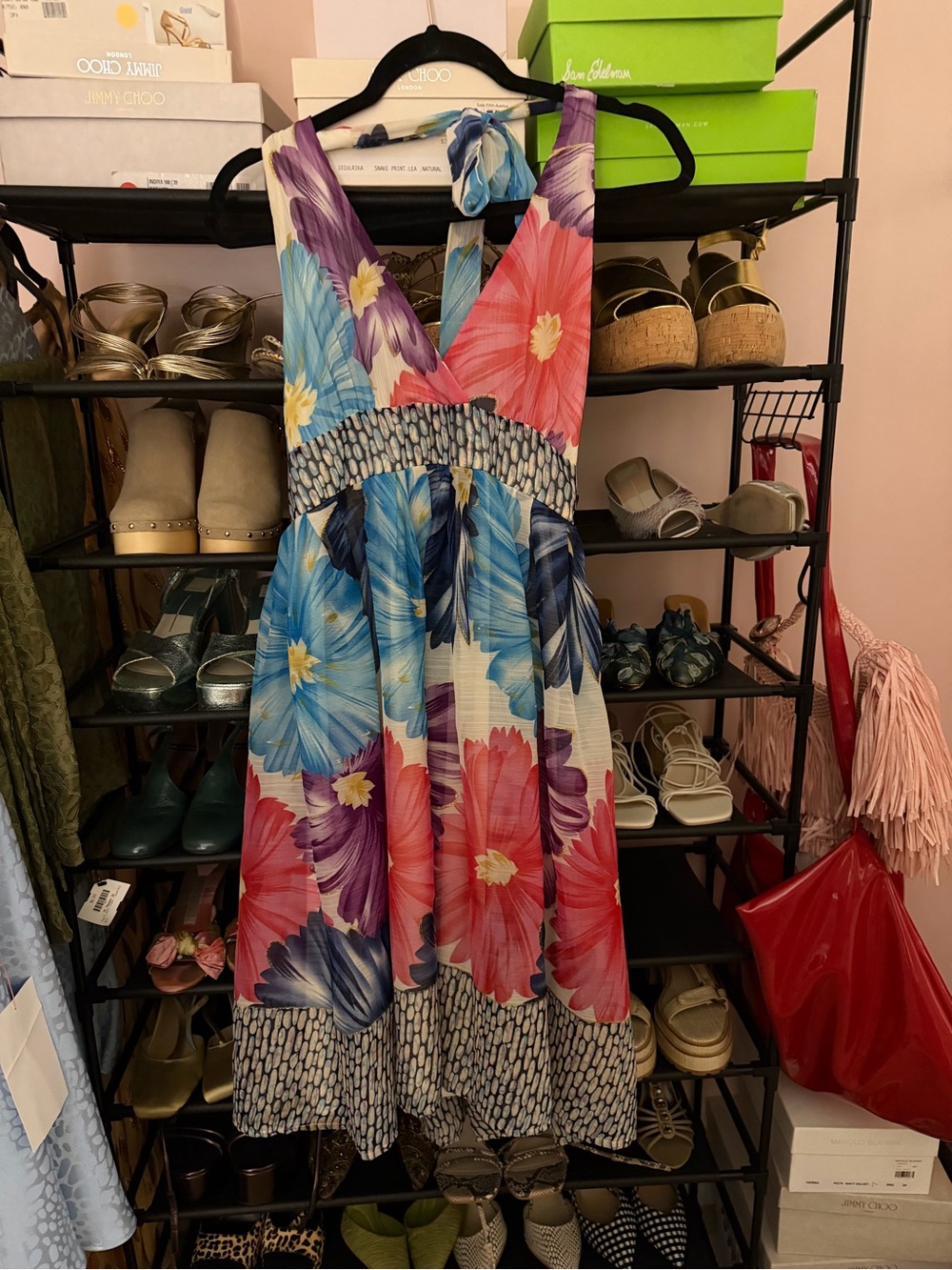 Maude Floral Halter Dress in Blue, Pink, Purple & Cream